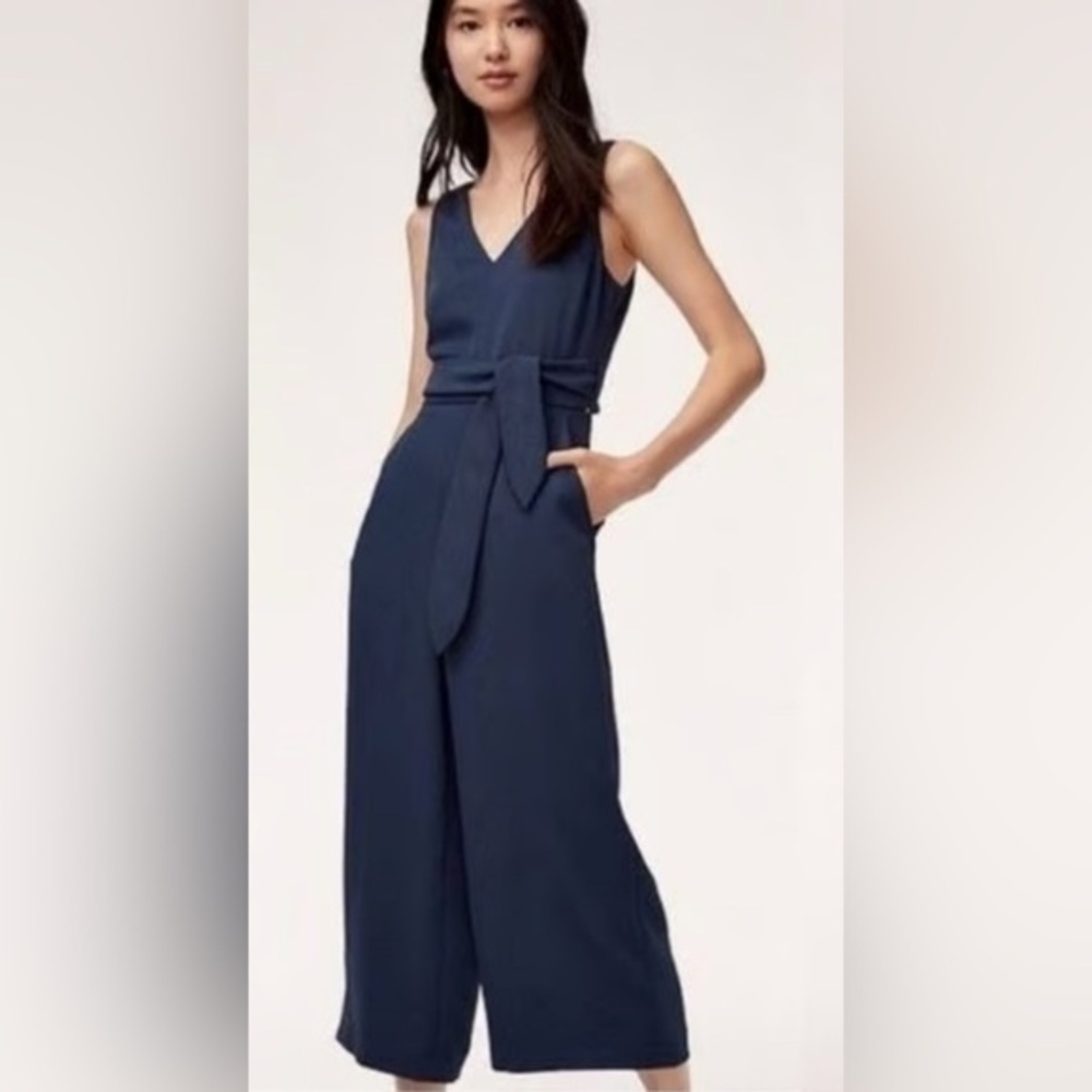 Wilfred Navy Blue V-Neck Sleeveless Jumpsuit with Self Tie Waist